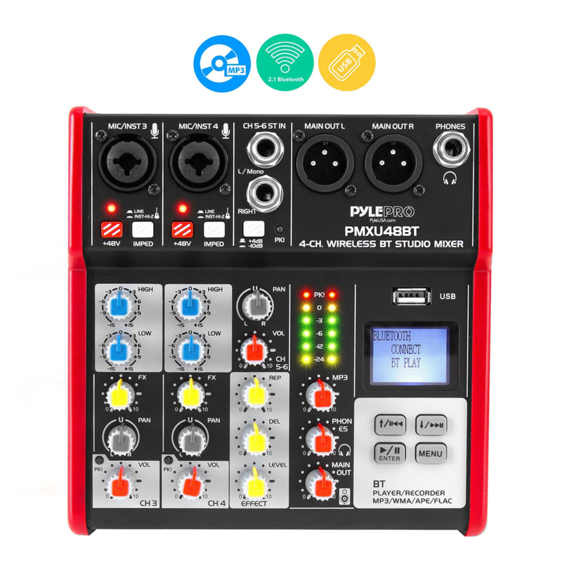Pyle 4 Channel Bluetooth DJ Studio Audio Sound Board Mixer Console System w/ USB