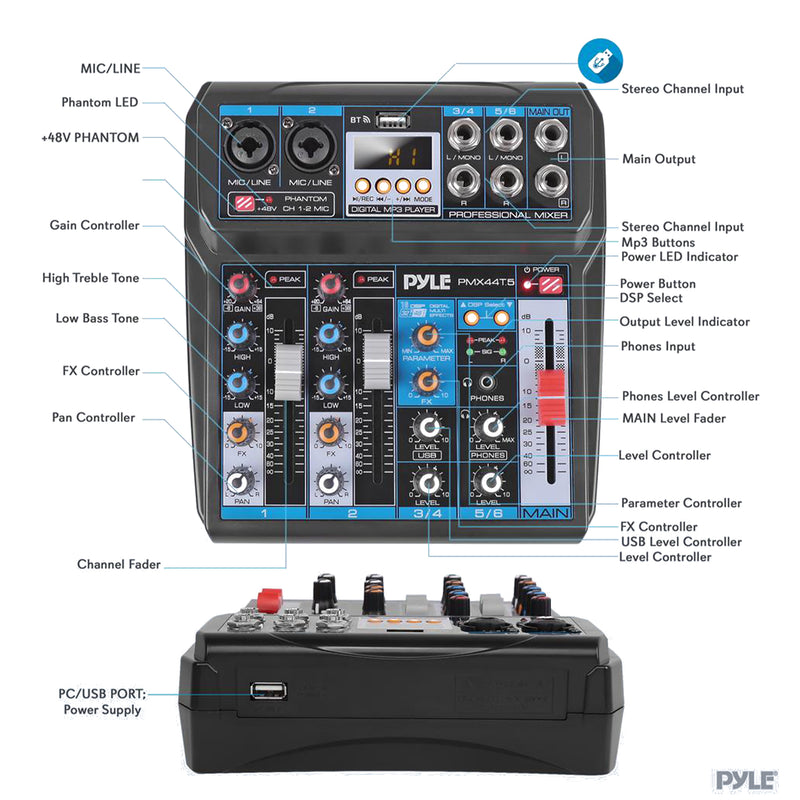 Pyle 6 Channel Sound Board Mixer System for DJ Studio Audio w/ USB (Open Box)