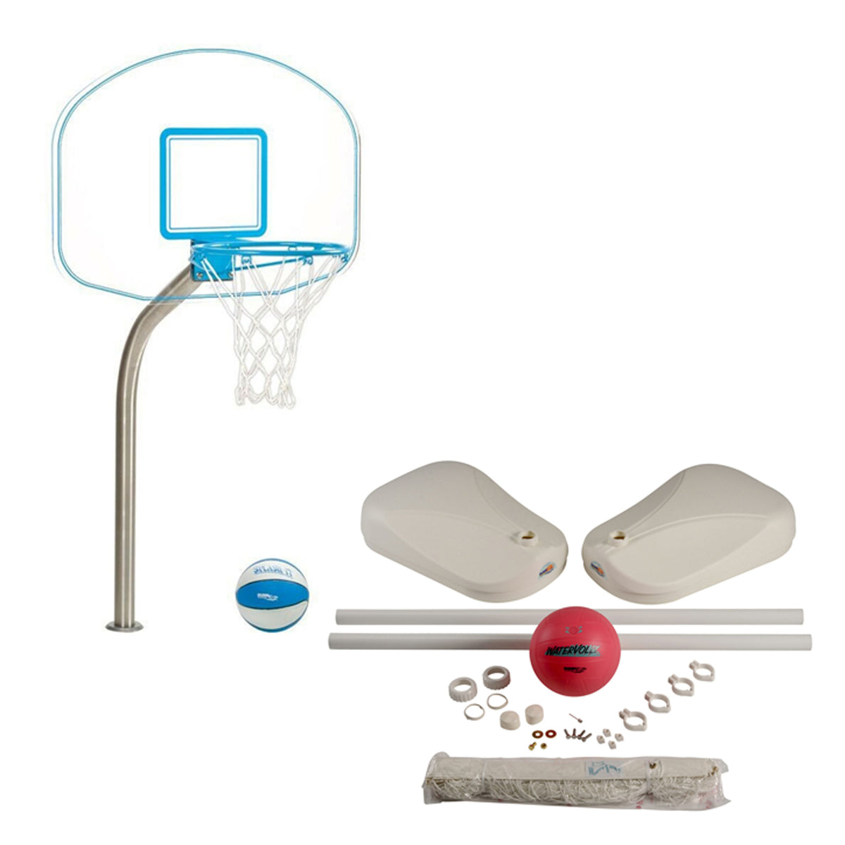 Dunn-Rite Clear Hoop Jr. Pool Basketball Set & AquaVolly Pool Volleyball Set