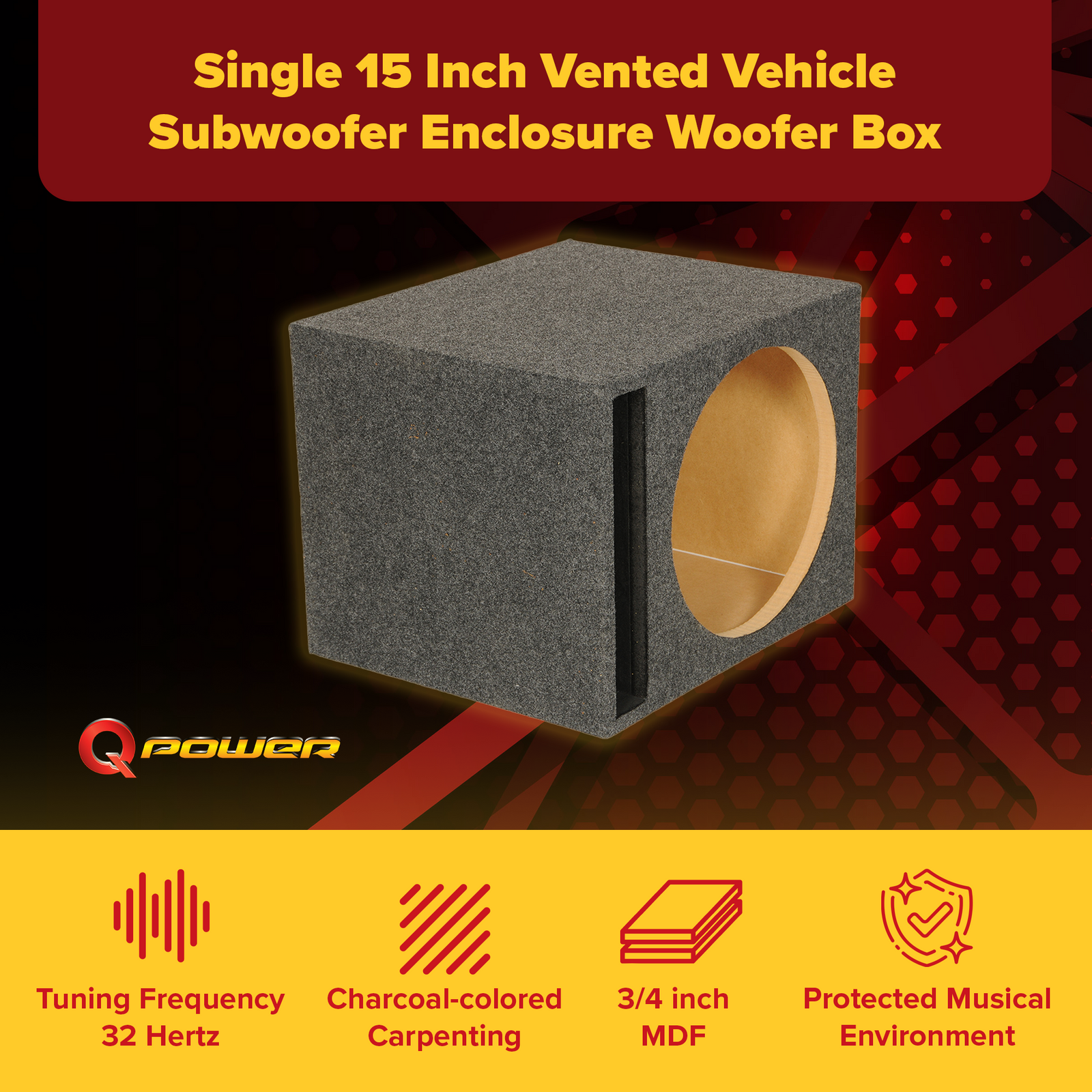 QPower 15" Heavy-Duty Single Vented Vehicle Subwoofer Enclosure Woofer Box, Gray - VMInnovations