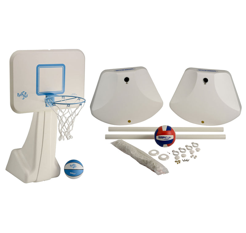 Dunn-Rite Pool Sport Poolside Stainless Base Basketball Hoop with Volleyball Set