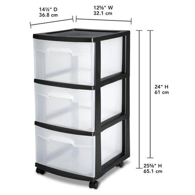 Sterilite 3 Drawer Storage Cart, Plastic Rolling Organizer with Wheels, 6 Pack