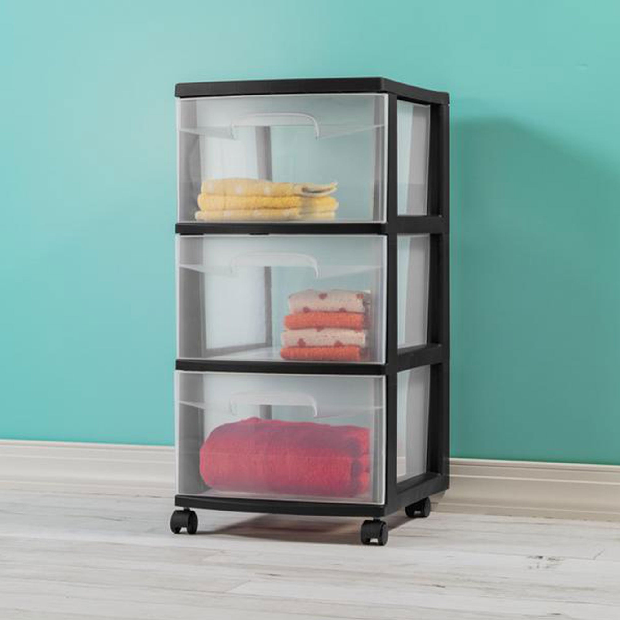 Sterilite 3 Drawer Storage Cart, Plastic Rolling Organizer with Wheels, 2 Pack