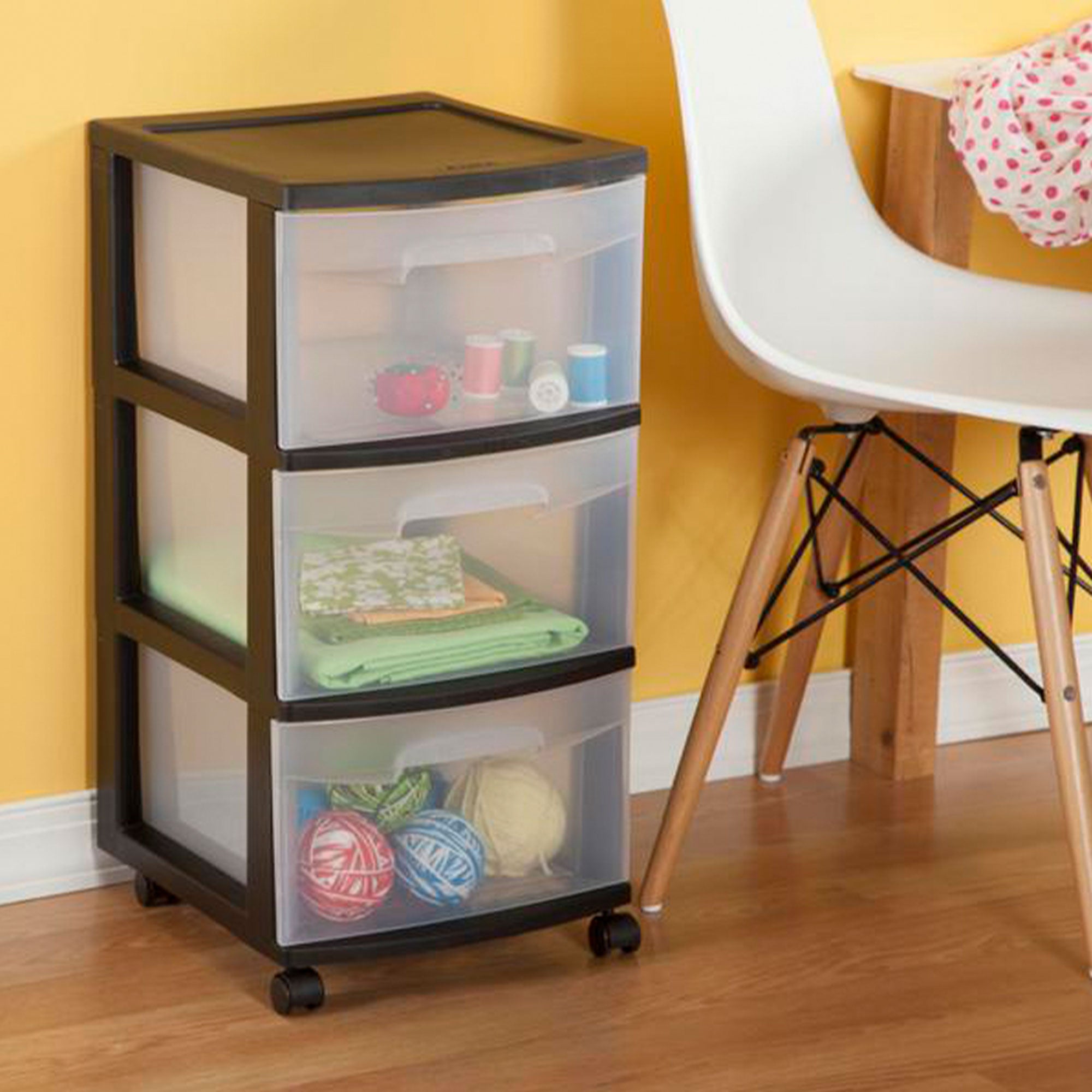 Sterilite 3 Drawer Storage Cart, Plastic Rolling Organizer with Wheels, 2 Pack