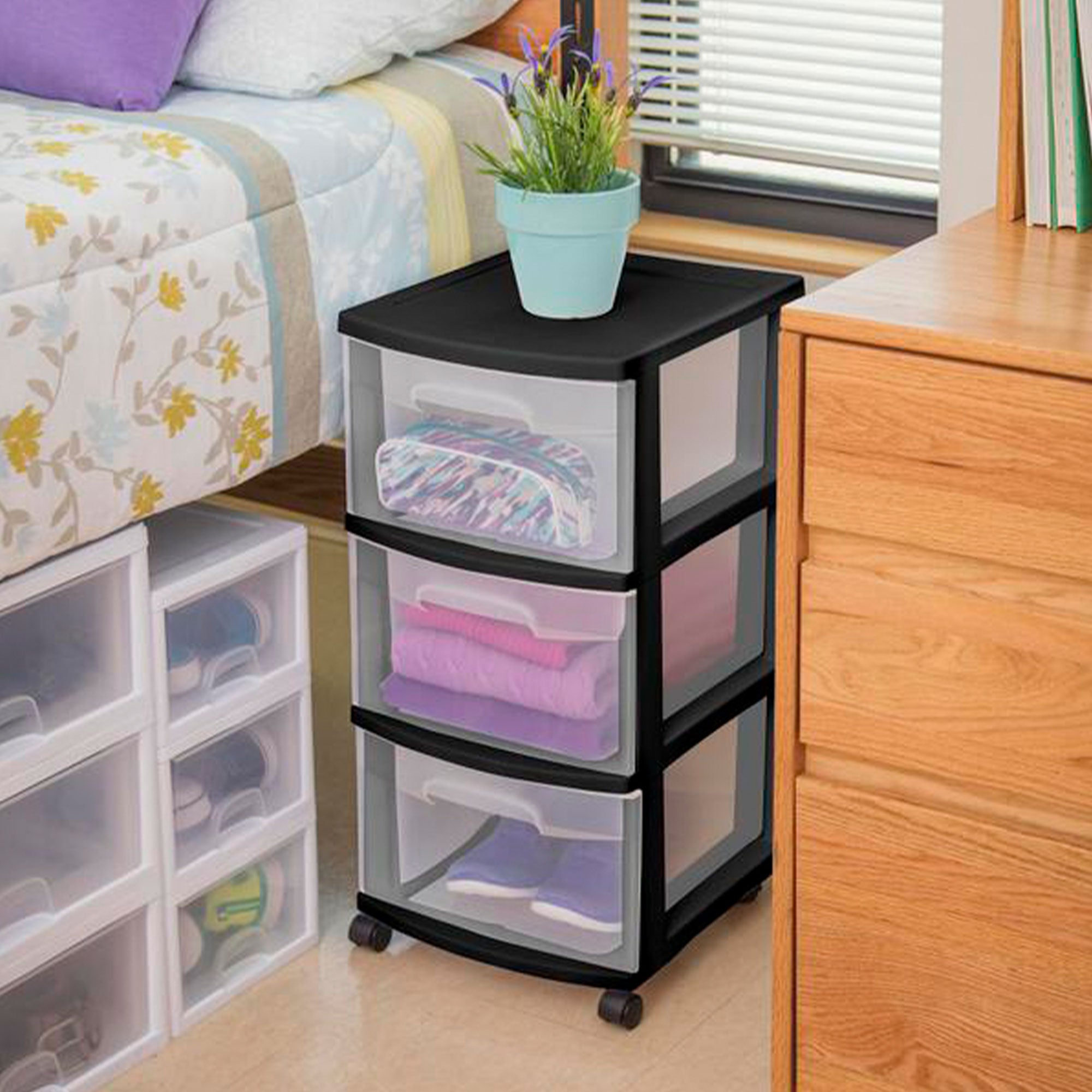 Sterilite 3 Drawer Storage Cart, Plastic Rolling Organizer with Wheels, 6 Pack