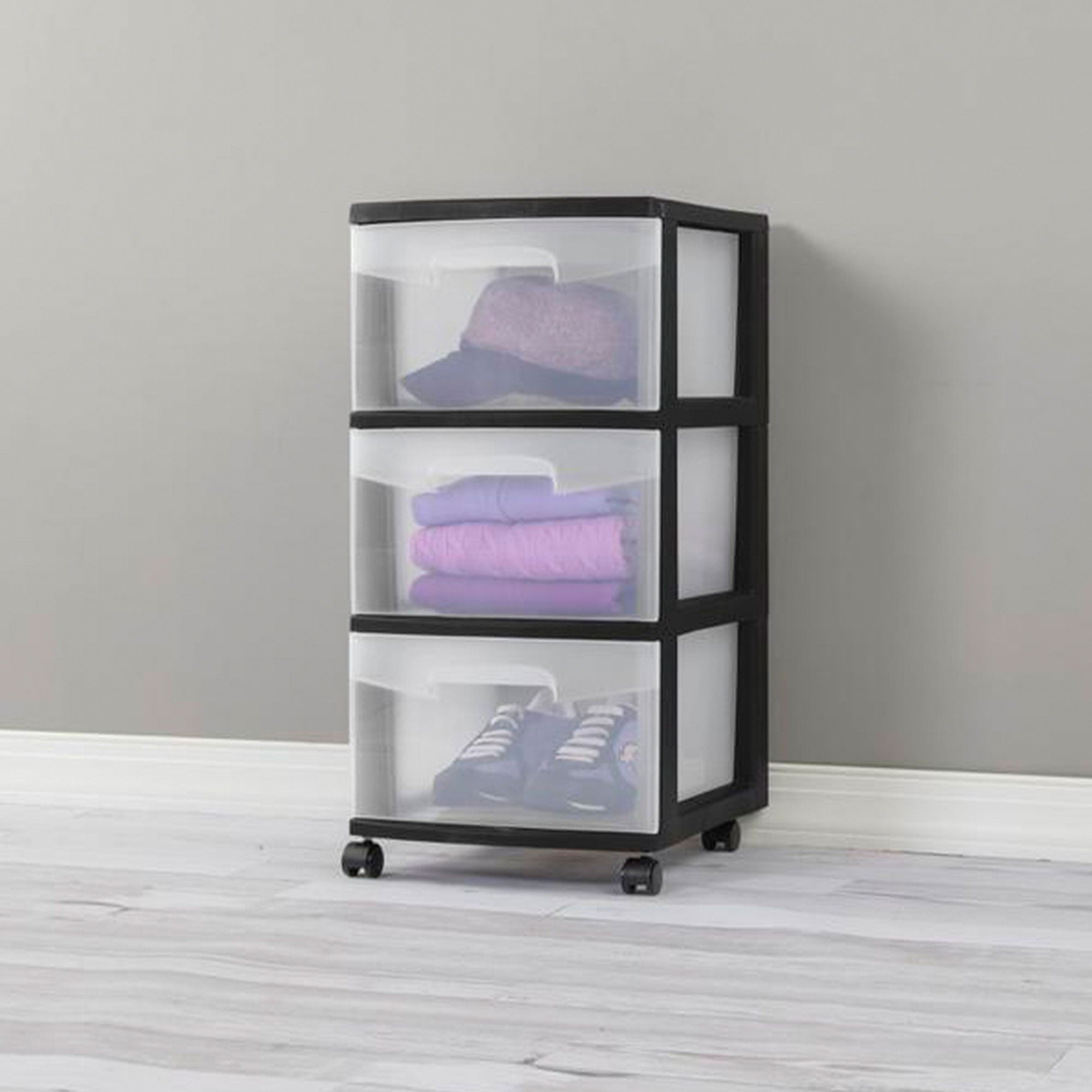 Sterilite 3 Drawer Storage Cart, Plastic Rolling Organizer with Wheels, 4 Pack