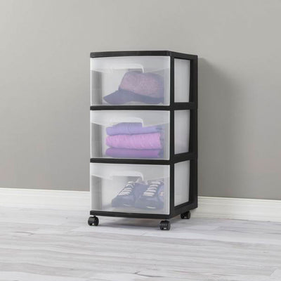 Sterilite 3 Drawer Storage Cart, Plastic Rolling Organizer with Wheels, 4 Pack