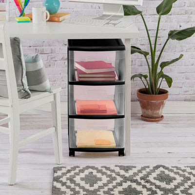 Sterilite 3 Drawer Storage Cart, Plastic Rolling Organizer with Wheels, 2 Pack