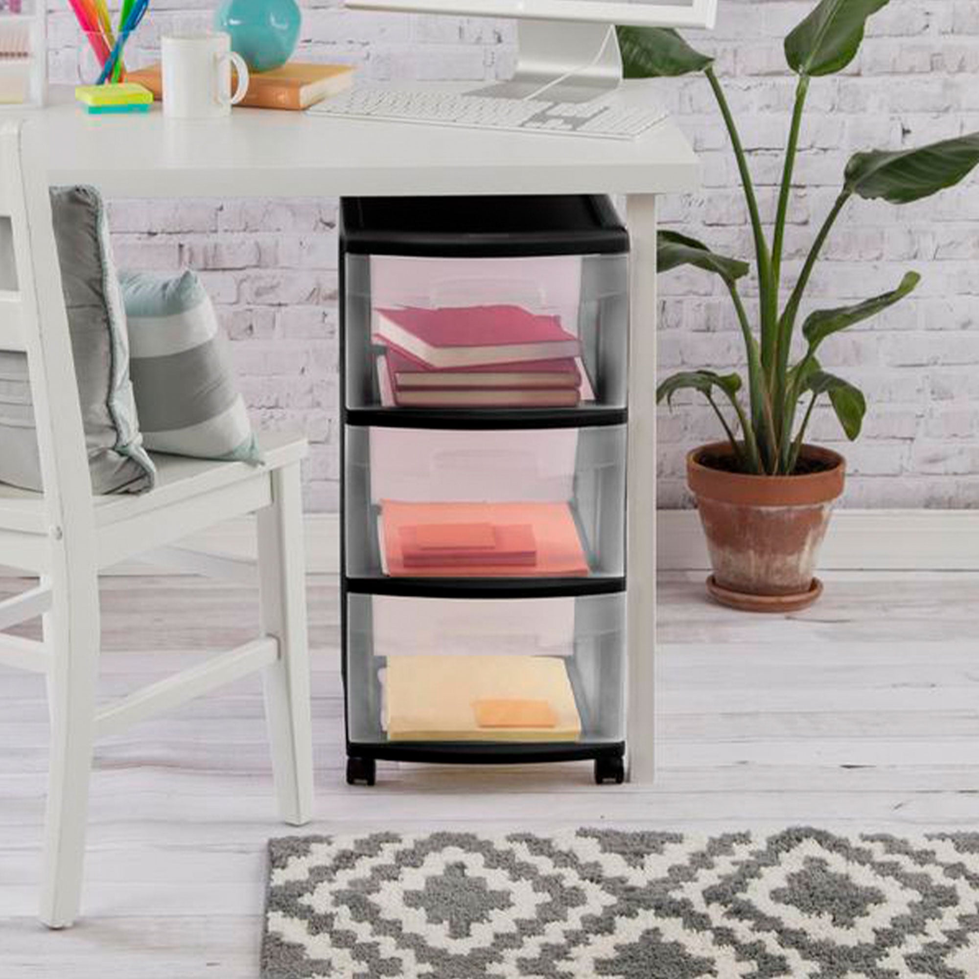 Sterilite 3 Drawer Storage Cart, Plastic Rolling Organizer with Wheels, 6 Pack