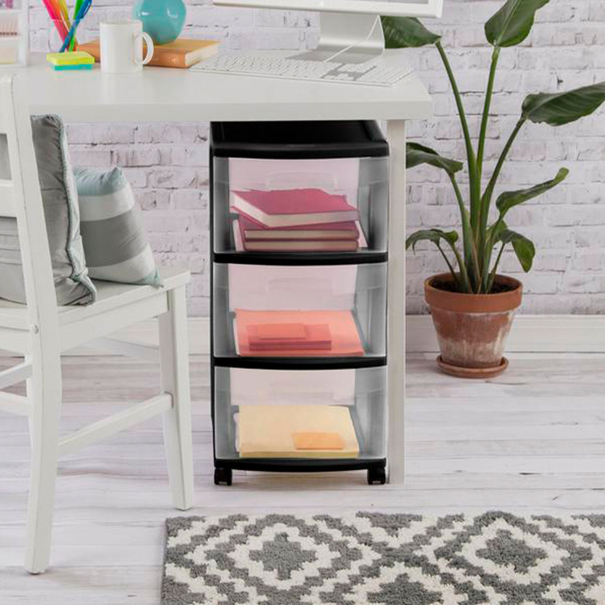 Sterilite 3 Drawer Storage Cart, Plastic Rolling Organizer with Wheels, 6 Pack
