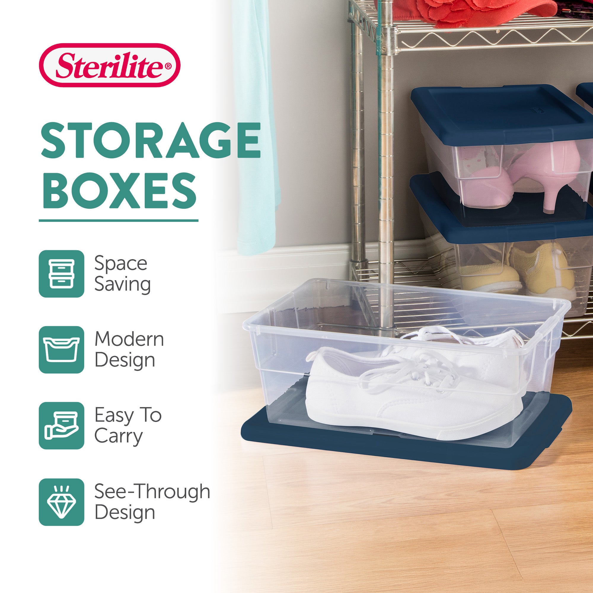Sterilite Stackable 6 Qt Storage Box Container, Clear, Marine Blue Lid (60 Pack)