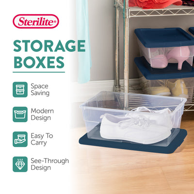 Sterilite Stackable 6 Qt Storage Box Container, Clear, Marine Blue Lid (30 Pack)