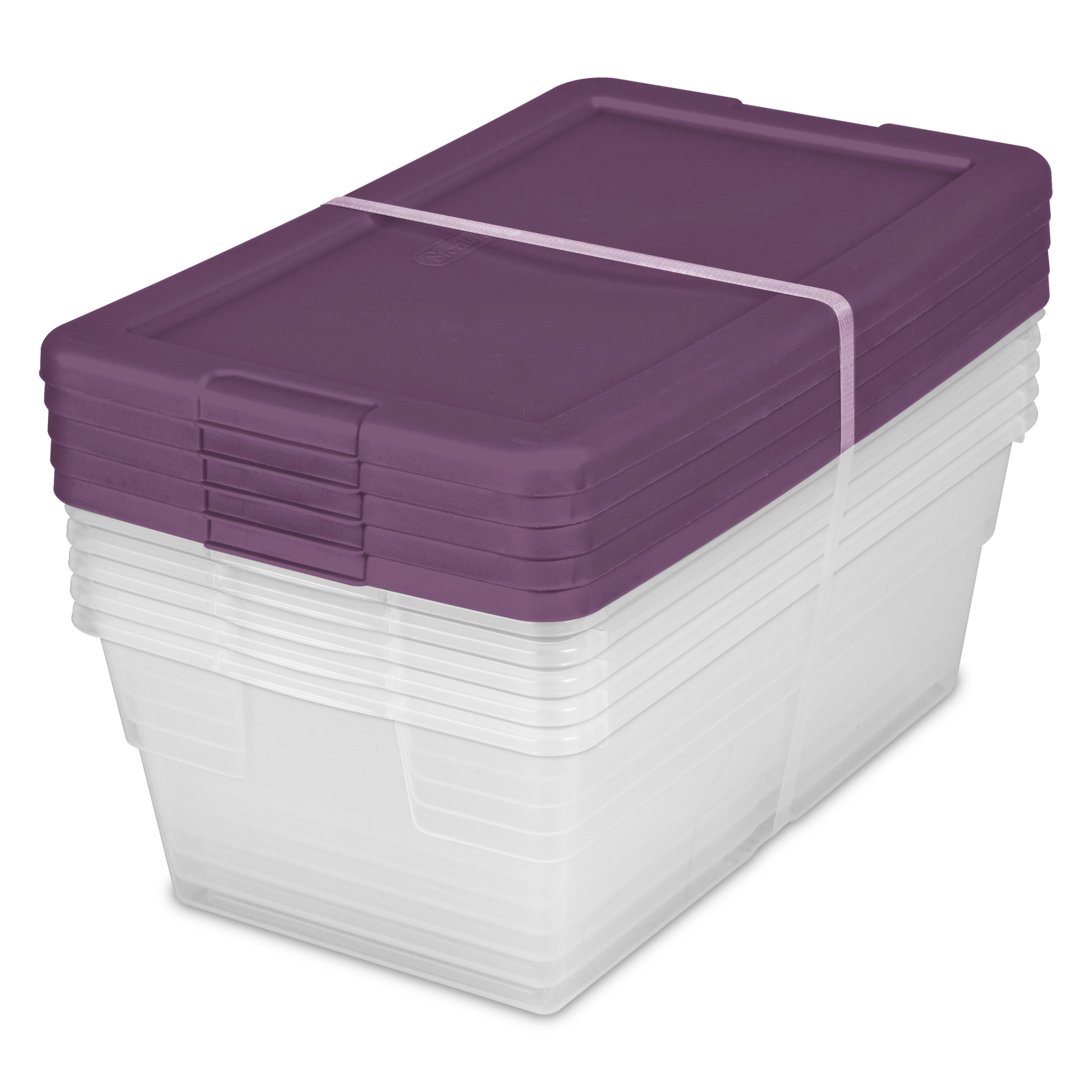 Sterilite Stackable 6 Qt Storage Box Container, Clear, Moda Purple Lid, 5 Pack - VMInnovations