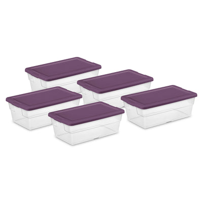 Sterilite Stackable 6 Qt Storage Box Container, Clear, Moda Purple Lid (60 Pack)