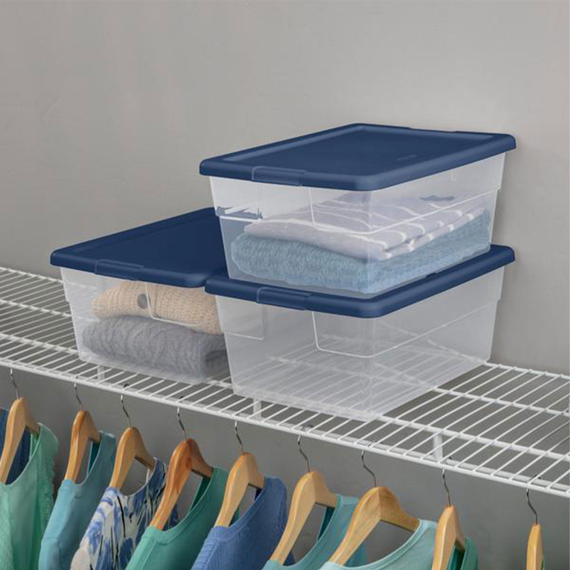 Sterilite Stackable 16 Qt Storage Box Container, Clear with Blue Lid, (48 Pack) - VMInnovations