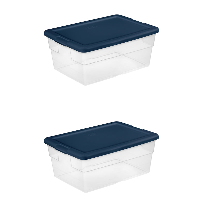Sterilite Stackable 16 Qt Storage Box Container, Clear, Marine Blue Lid, 2 Pack