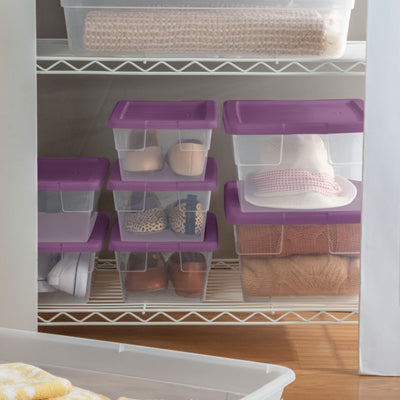 Sterilite Stackable 16 Qt Storage Box Container, Clear, Moda Purple Lid, 2 Pack