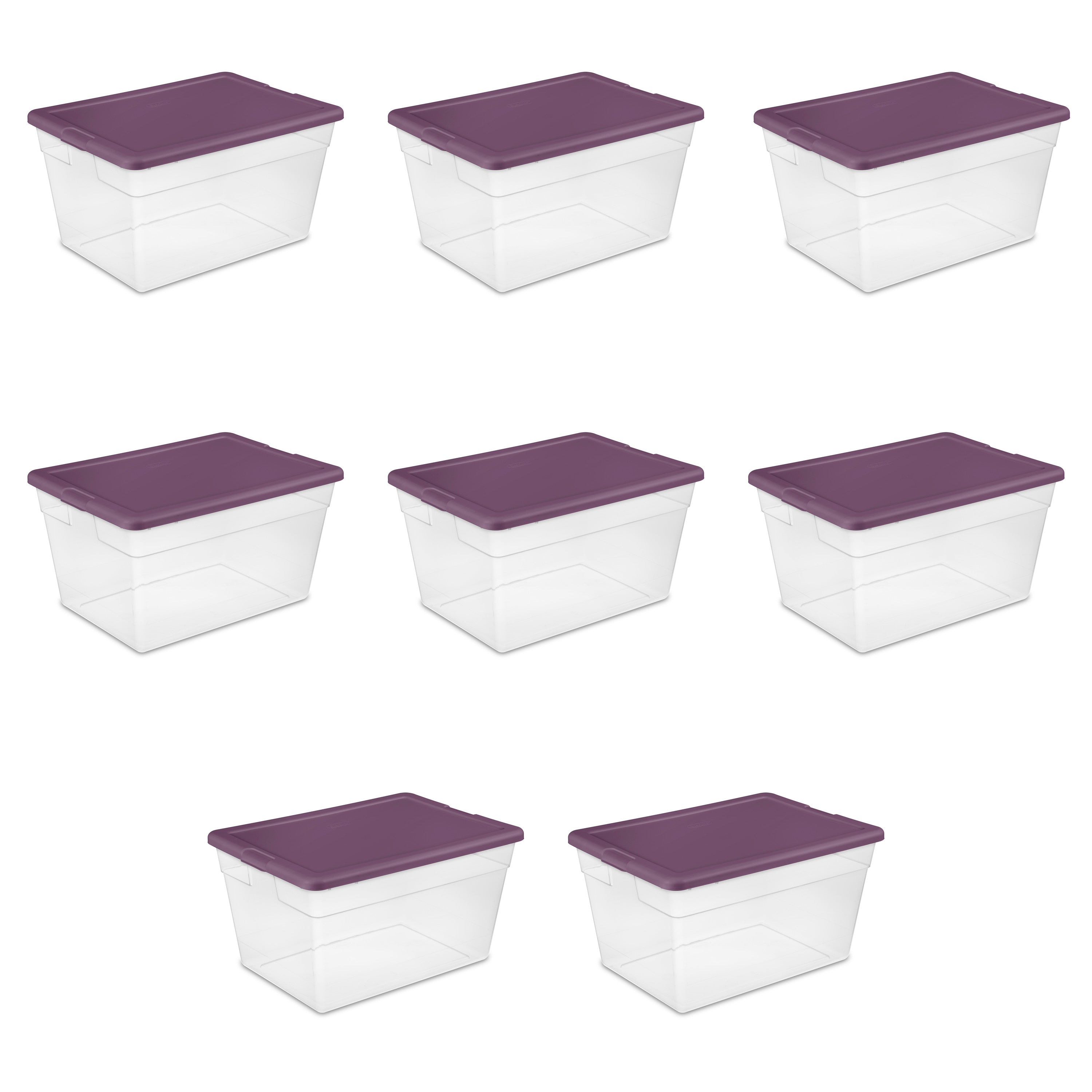 Sterilite 16598V08 Stackable 56 Quart Storage Tote Container, Clear, Purple Lid