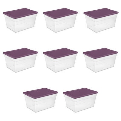 Sterilite 16598V08 Stackable 56 Quart Storage Tote Container, Clear, Purple Lid