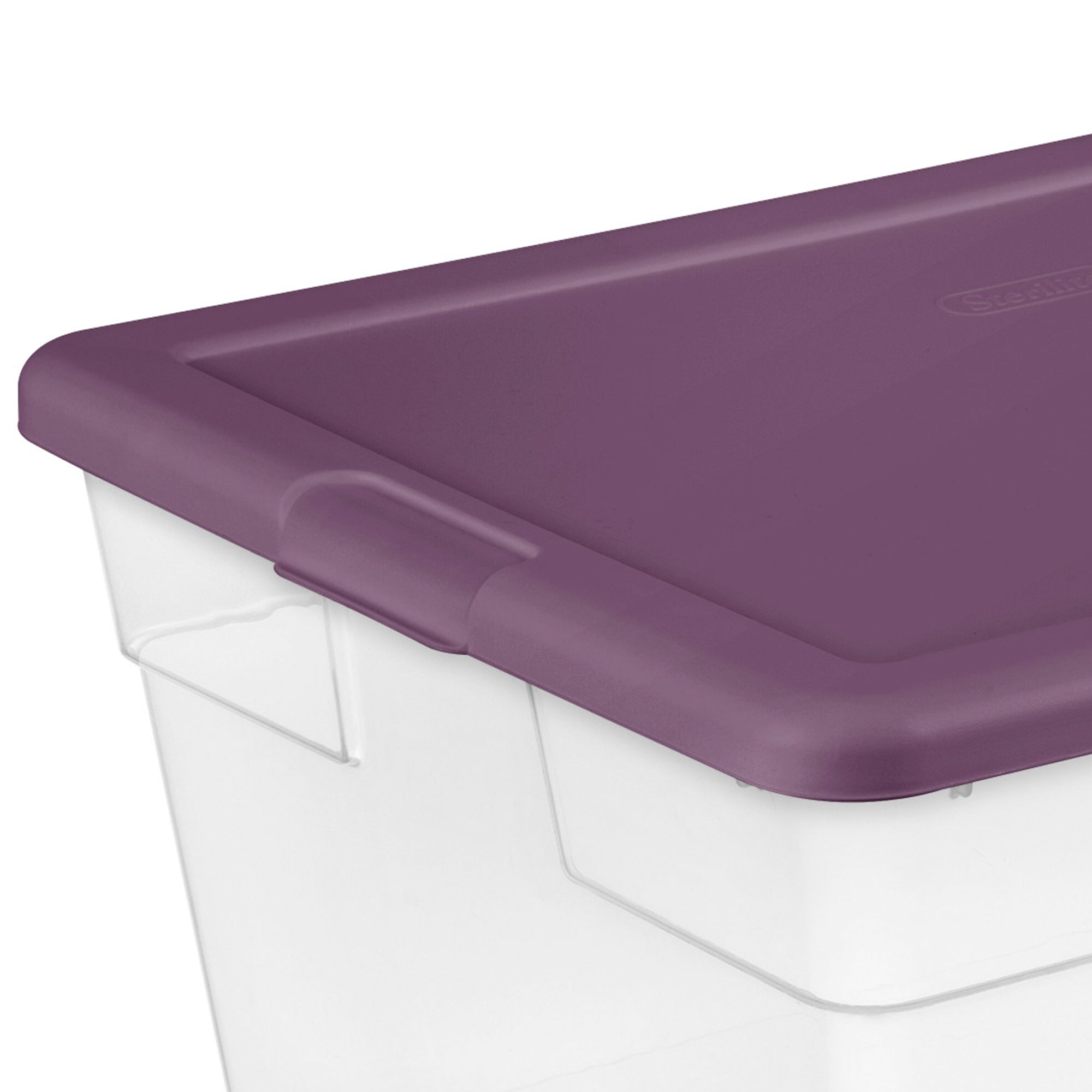 Sterilite 16598V08 Stackable 56 Quart Storage Tote Container, Clear, Purple Lid