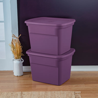Sterilite Lidded Stackable 18 Gallon Storage Tote Container, Purple, 8 Pack