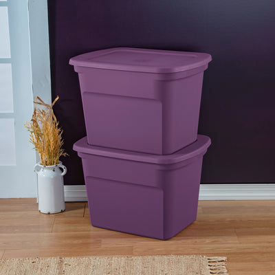 Sterilite Lidded Stackable 18 Gallon Storage Tote Container, Purple, 16 Pack
