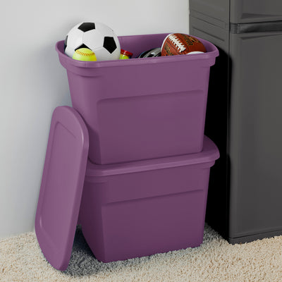 Sterilite Lidded Stackable 18 Gallon Storage Tote Container, Purple, 32 Pack