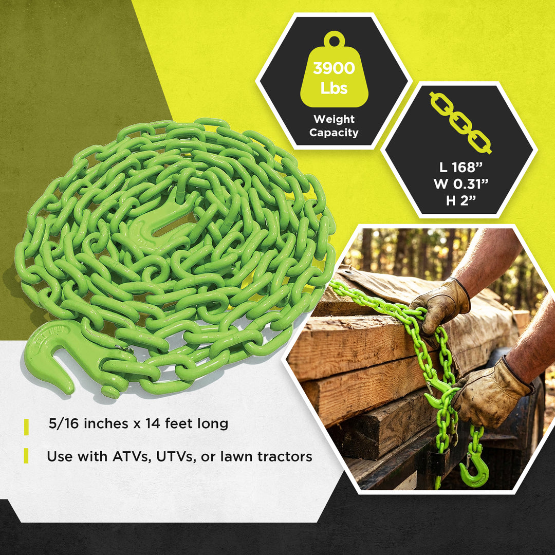 Timber Tuff 5/16 In x 14 Ft Multipurpose Grade 43 Log Chain with Hooks, Green - VMInnovations