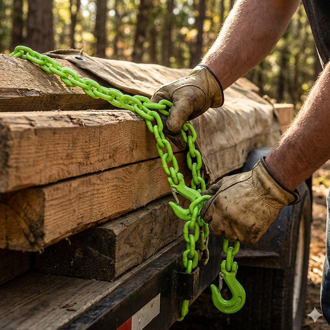 Timber Tuff 5/16 In x 14 Ft Multipurpose Grade 43 Log Chain with Hooks, Green - VMInnovations