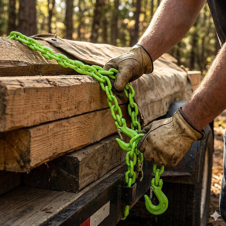 Timber Tuff 5/16 In x 14 Ft Multipurpose Grade 43 Log Chain with Hooks, Green - VMInnovations