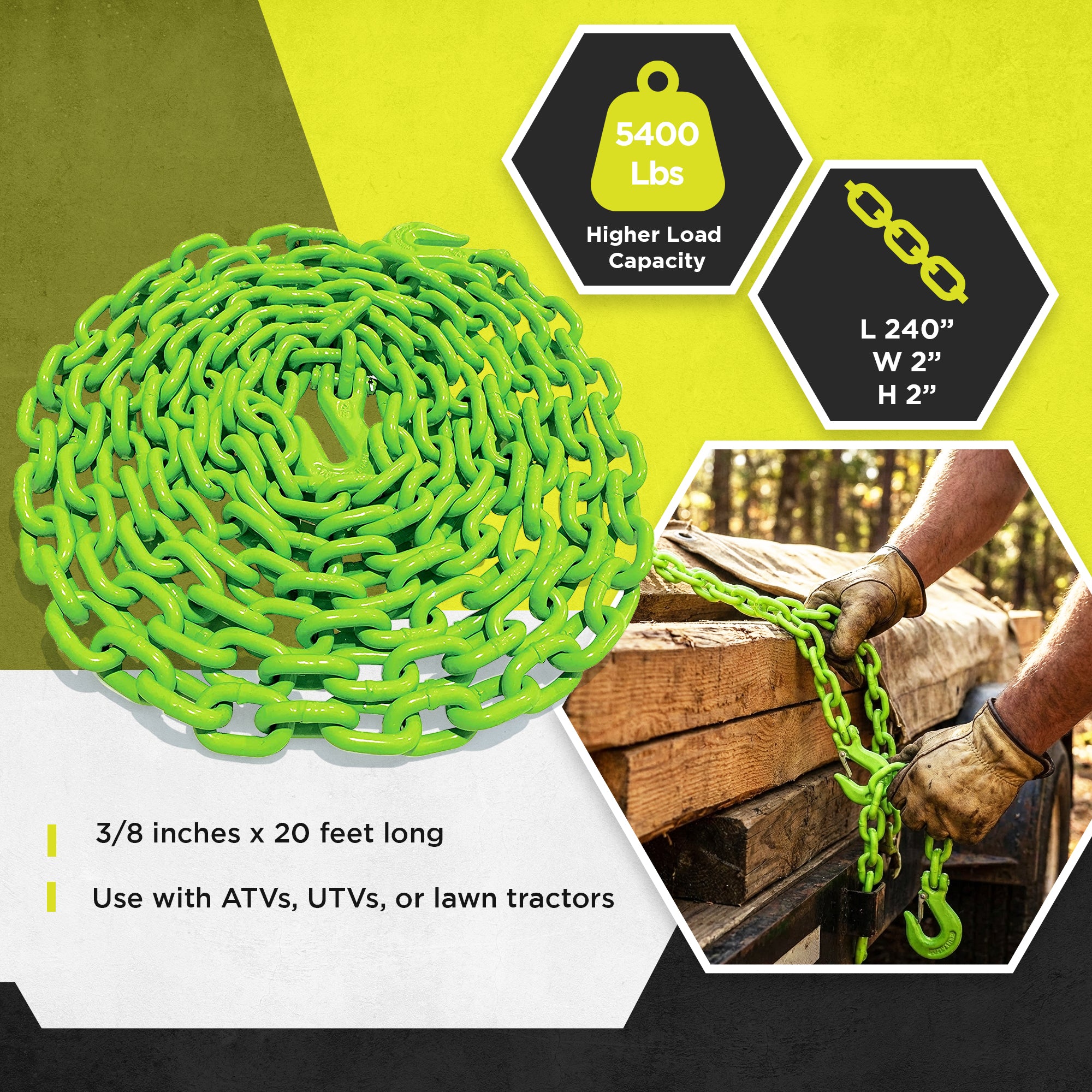 Timber Tuff TMW-3820HVLC 20 Foot Long Heavy Duty Log Chain, 5,400 Pound Capacity - VMInnovations