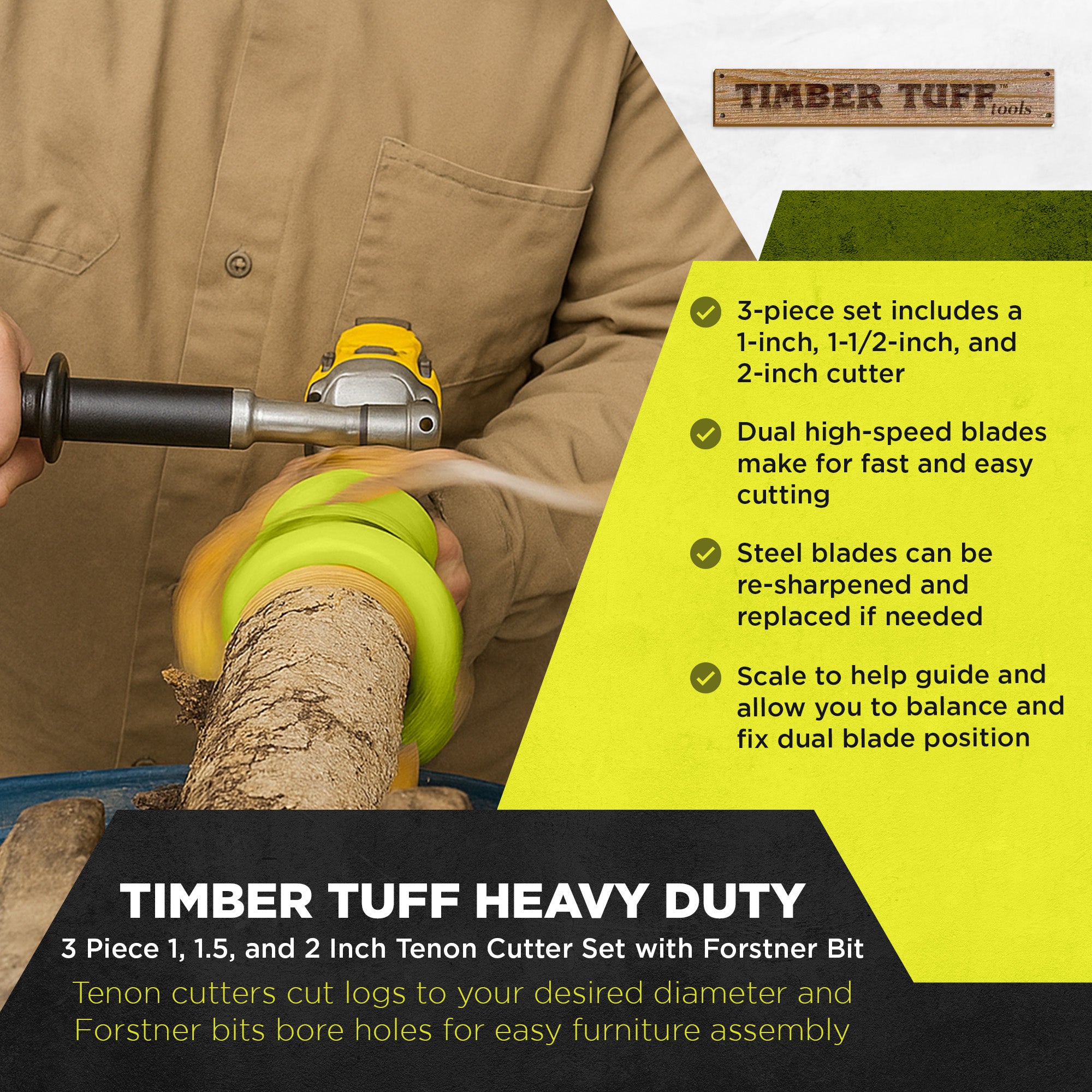 Timber Tuff 3 Piece 1, 1.5, and 2 Inch Tenon Cutter Set with Forstner Bit, Green - VMInnovations