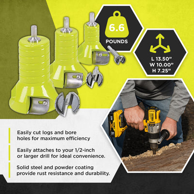 Timber Tuff 3 Piece 1, 1.5, and 2 Inch Tenon Cutter Set with Forstner Bit, Green - VMInnovations