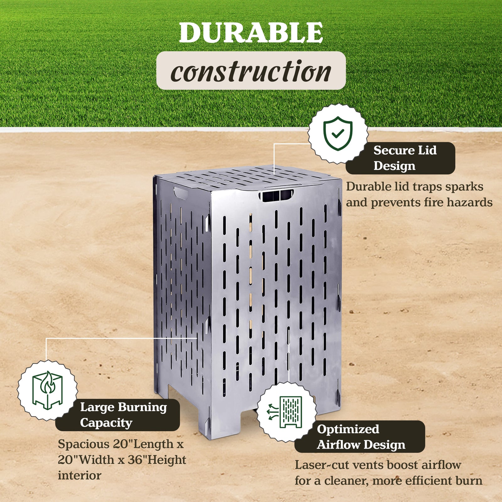 Yard Tuff YTF-202036BC 20 x 20 x 36 Inch Steel Burn Cage with Vent Holes, Gray - VMInnovations