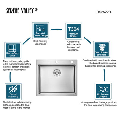 Serene Valley Stainless Steel Dual Mount Kitchen Sink w/Rear Drain & Grids(Used)