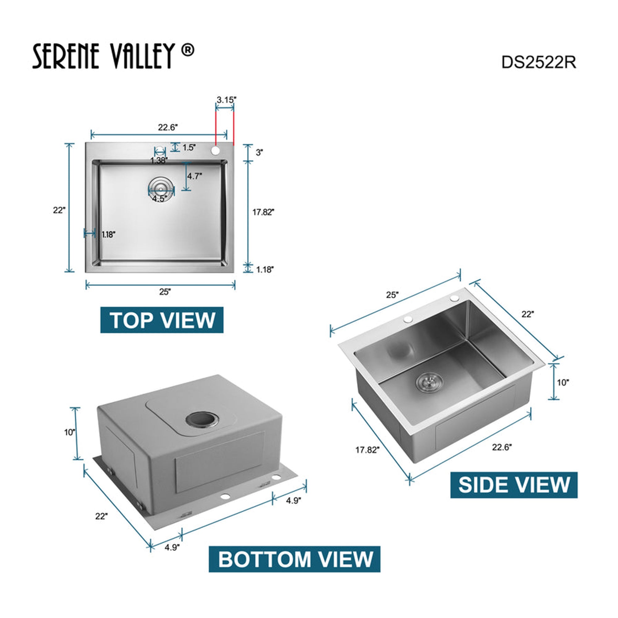 Serene Valley Stainless Steel Dual Mount Kitchen Sink w/Rear Drain & Grids(Used)