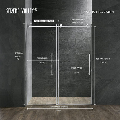 Serene Valley 72 x 74 Inch Square Rail Frameless Sliding Shower Door, Nickel