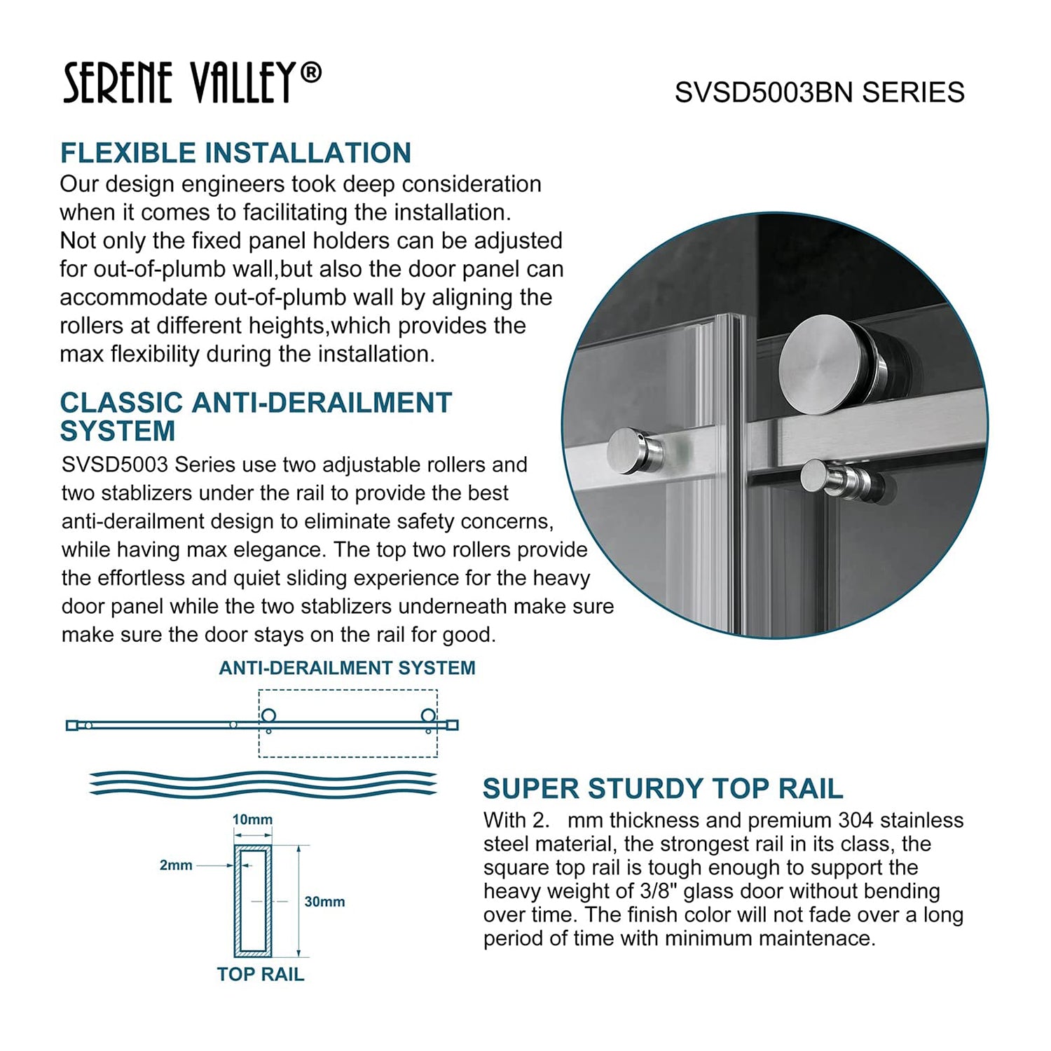Serene Valley 72 x 74 Inch Square Rail Frameless Sliding Shower Door, Nickel