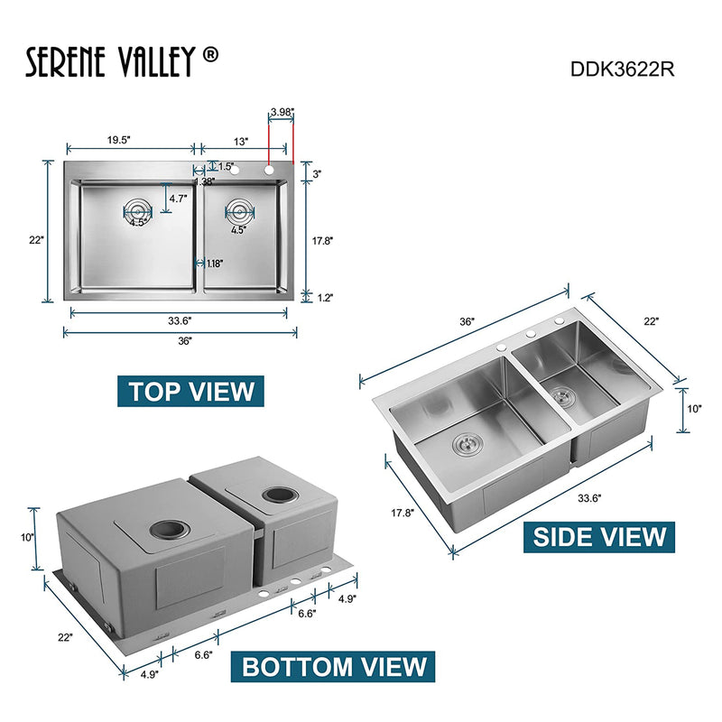 Serene Valley Stainless Steel Dual Mount Kitchen Sink w/Rear Drain & Grids(Used)