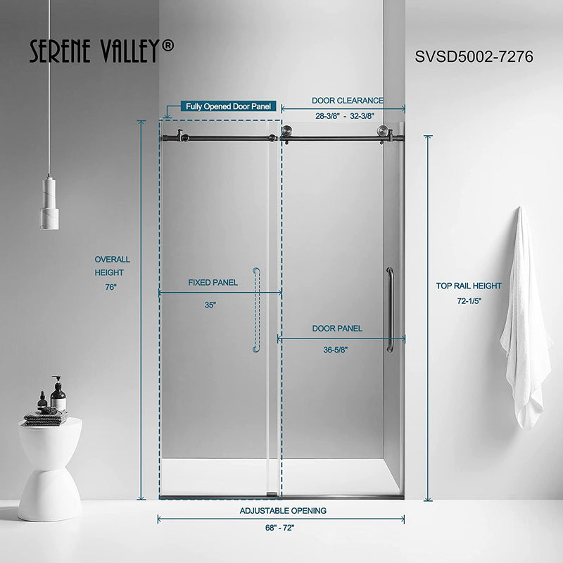 Serene Valley 72 x 76 Inch Big Roller Frameless Sliding Shower Door, Matte Black