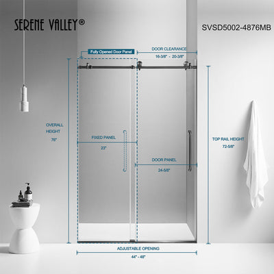 48 x 76 Inch Big Roller Frameless Sliding Shower Door, Matte Black (Used)