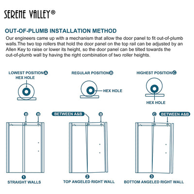 Serene Valley 56 x 76 Inch Big Roller Frameless Sliding Shower Door, Matte Black