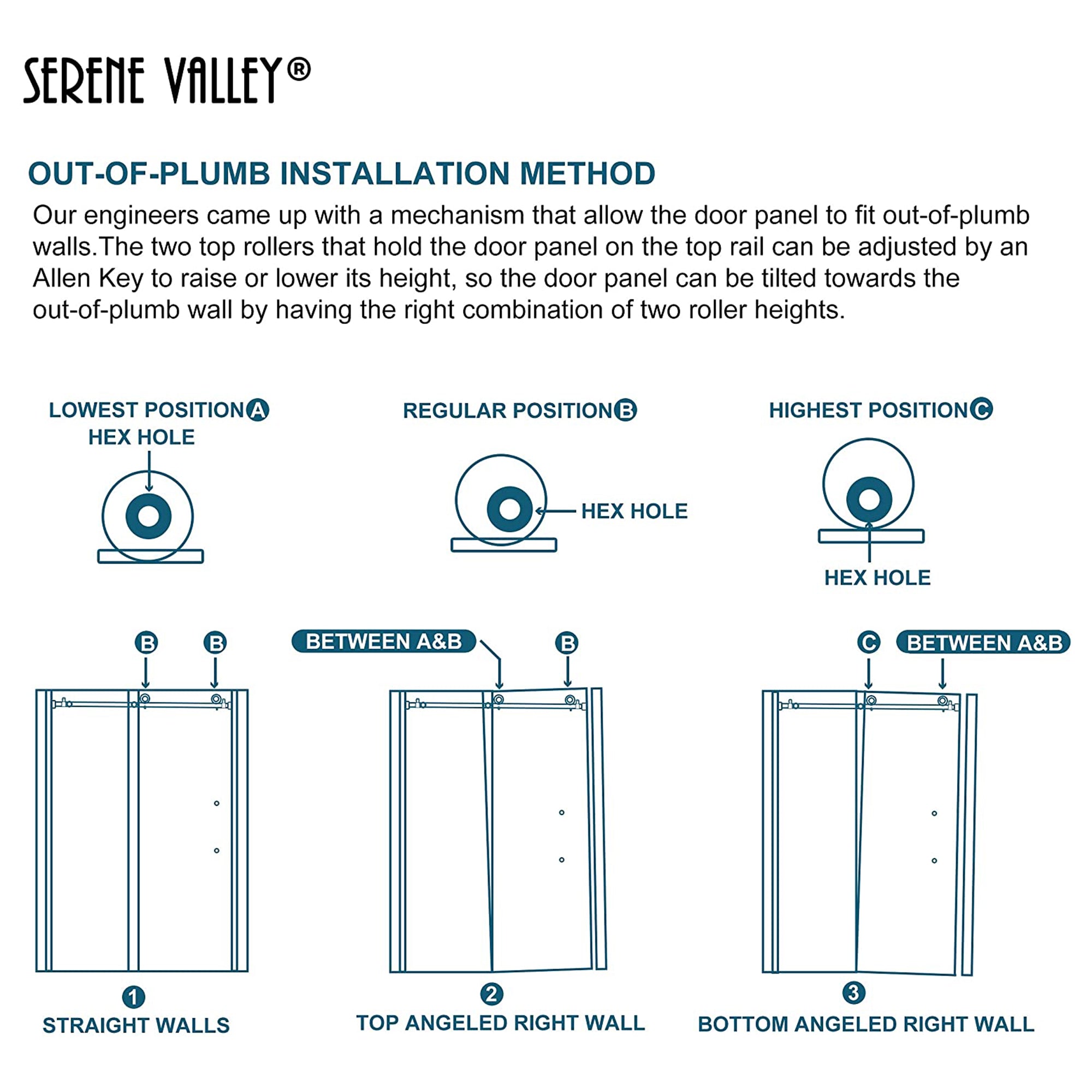 Serene Valley 60 x 66 Inch Big Roller Frameless Sliding Shower Door, Matte Black