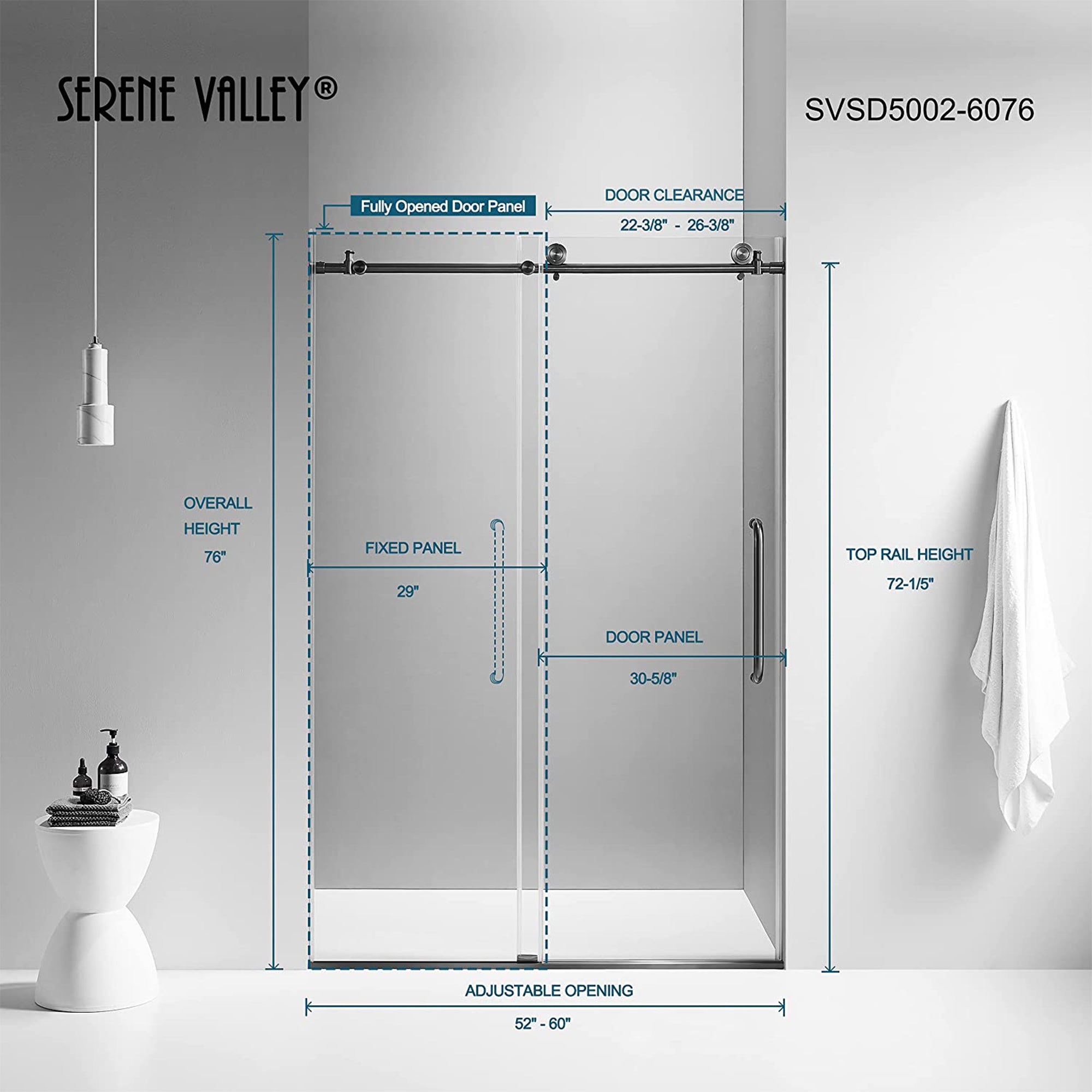 Serene Valley 60 x 66 Inch Big Roller Frameless Sliding Shower Door, Matte Black