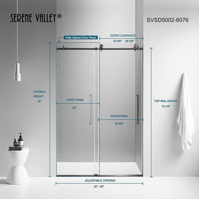 Serene Valley 60 x 66 Inch Big Roller Frameless Sliding Shower Door, Matte Black