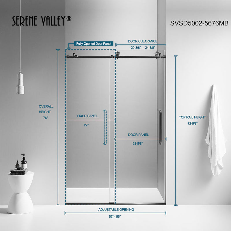 Serene Valley 56 x 76 Inch Big Roller Frameless Sliding Shower Door, Matte Black