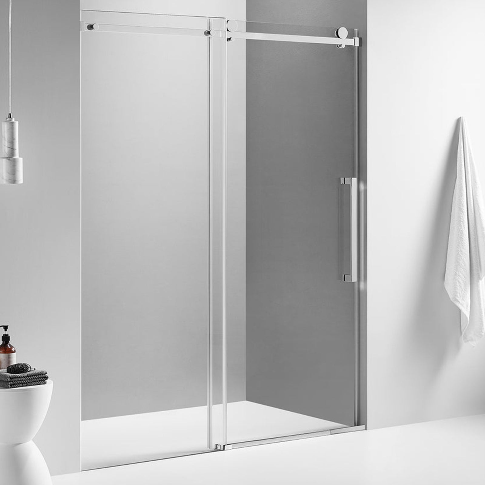 Serene Valley 72 x 74 Inch Square Rail Frameless Sliding Shower Door, Chrome - VMInnovations