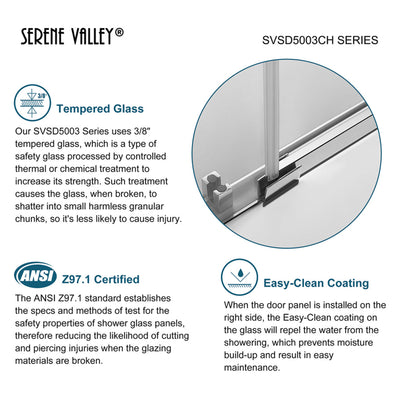 Serene Valley 72 x 74 Inch Square Rail Frameless Sliding Shower Door, Chrome