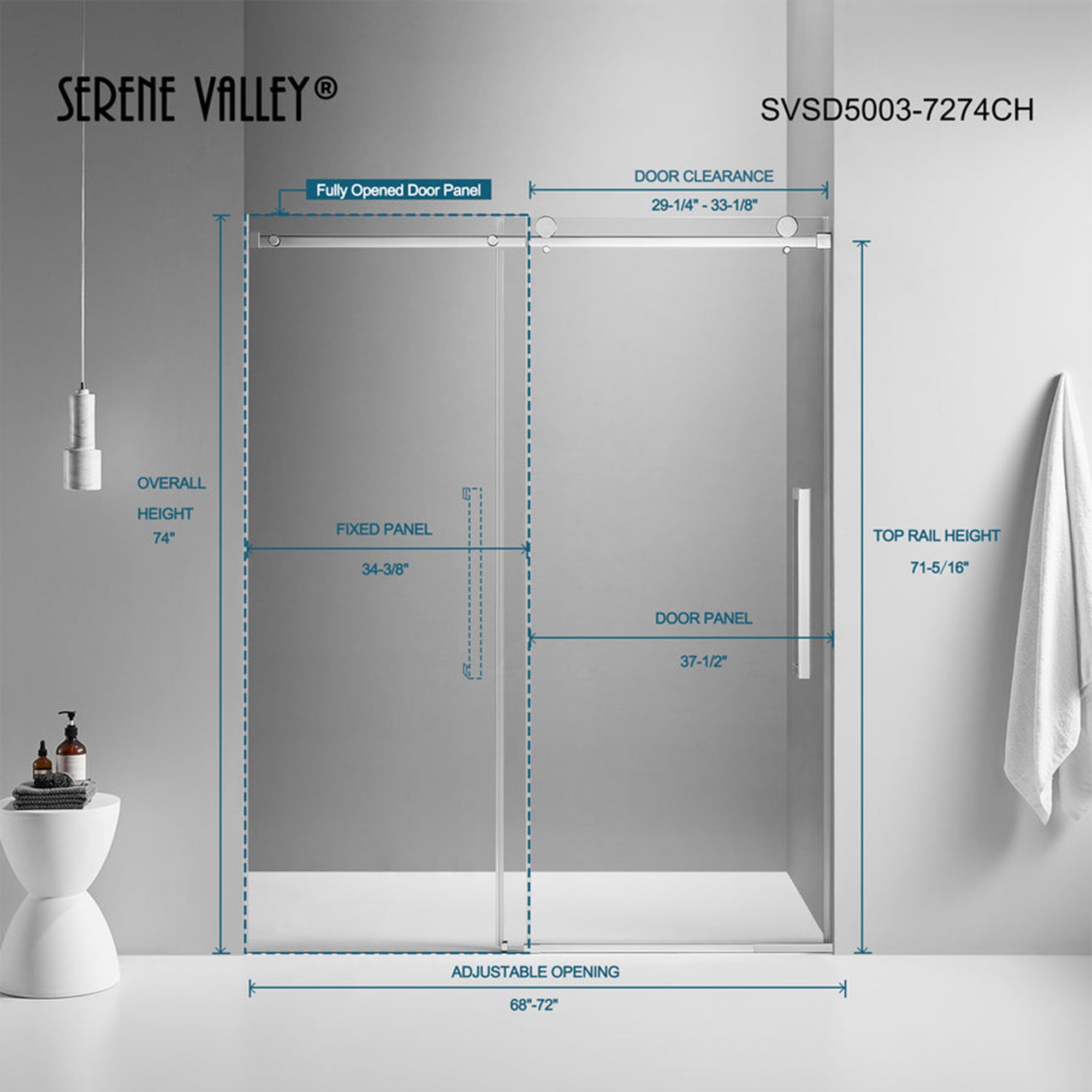 Serene Valley 72 x 74 Inch Square Rail Frameless Sliding Shower Door, Chrome - VMInnovations