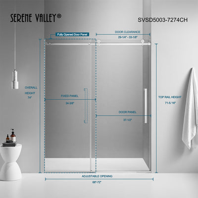 Serene Valley 72 x 74 Inch Square Rail Frameless Sliding Shower Door, Chrome - VMInnovations